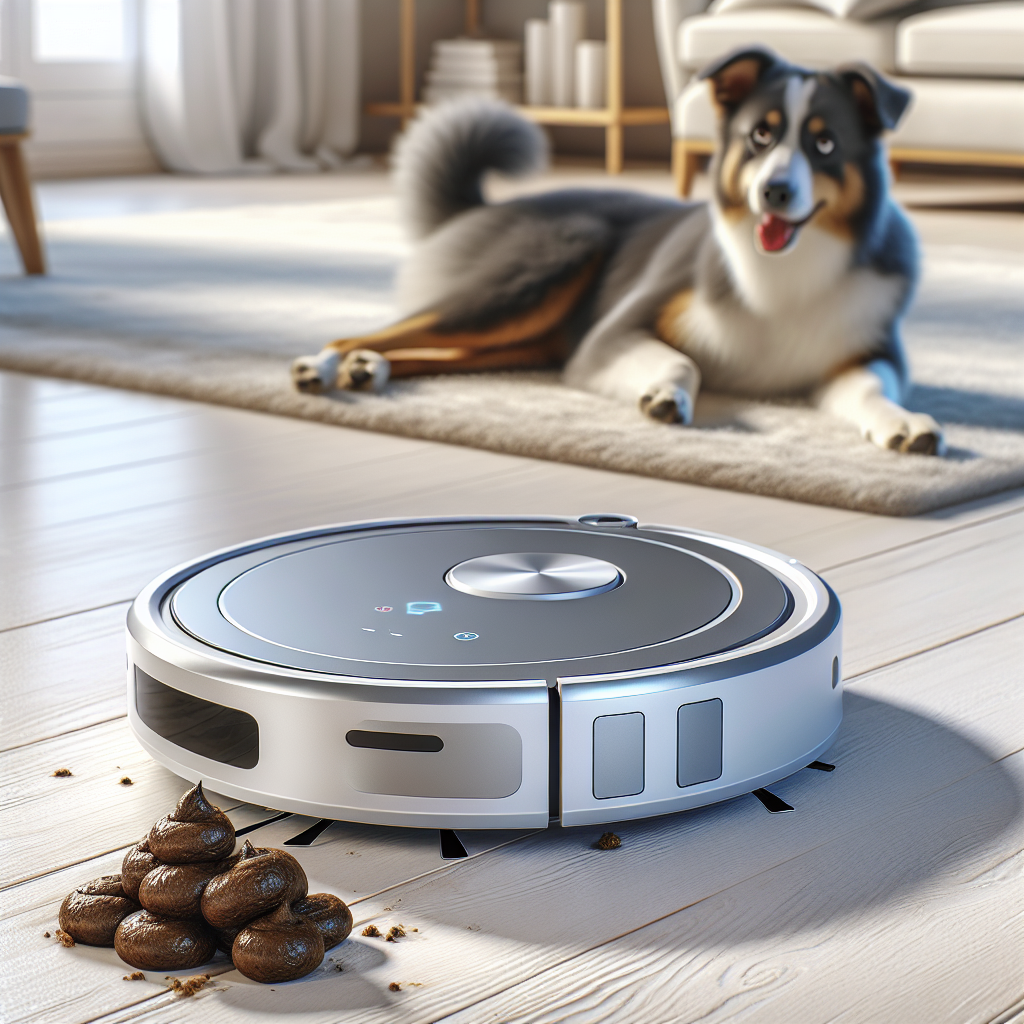 A close-up of a robot vacuum cleaner detecting dog poop during its cleaning routine.