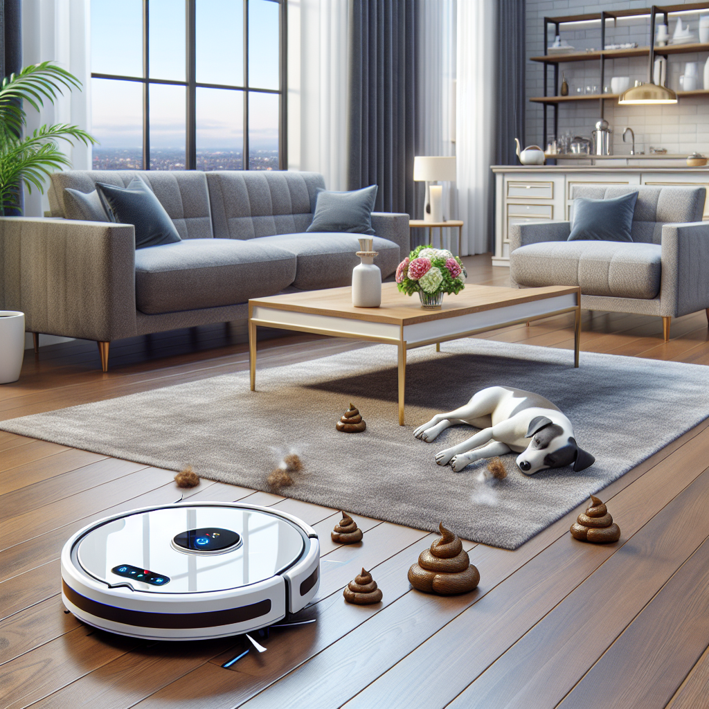 A robot vacuum cleaner navigating around dog poop on a living room floor.